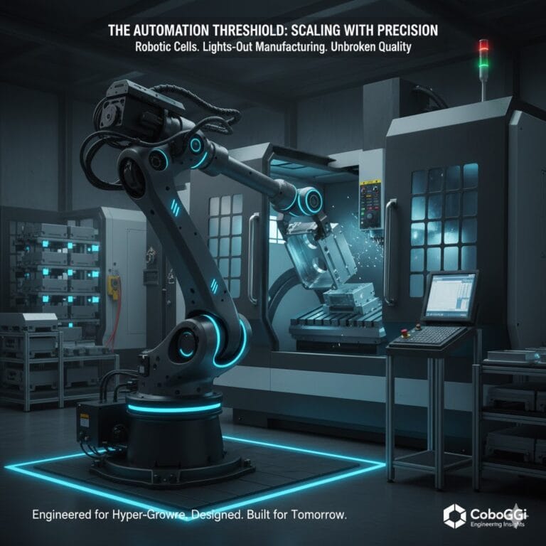 a robotic arm precisely placing a polished aluminum chassis into a cnc machine