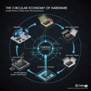 a sleek aluminum device being unboxed used and then renewed to show the lifecycle of the metal