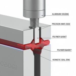 in a hermetic enclosure the aluminum mating surfaces are machined with a knife edge profile