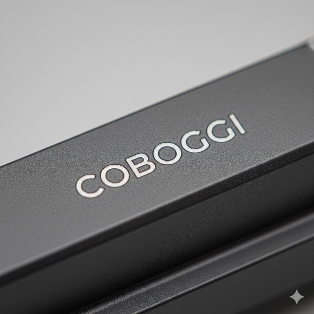 the coboggi logo engraved on this specific satin hard texture