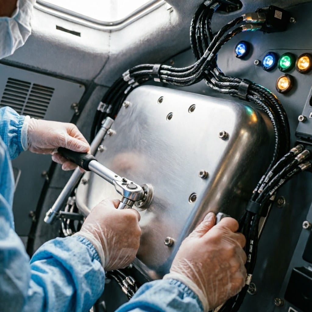 Aerospace technician installing aluminum alloy shell in aircraft navigation module