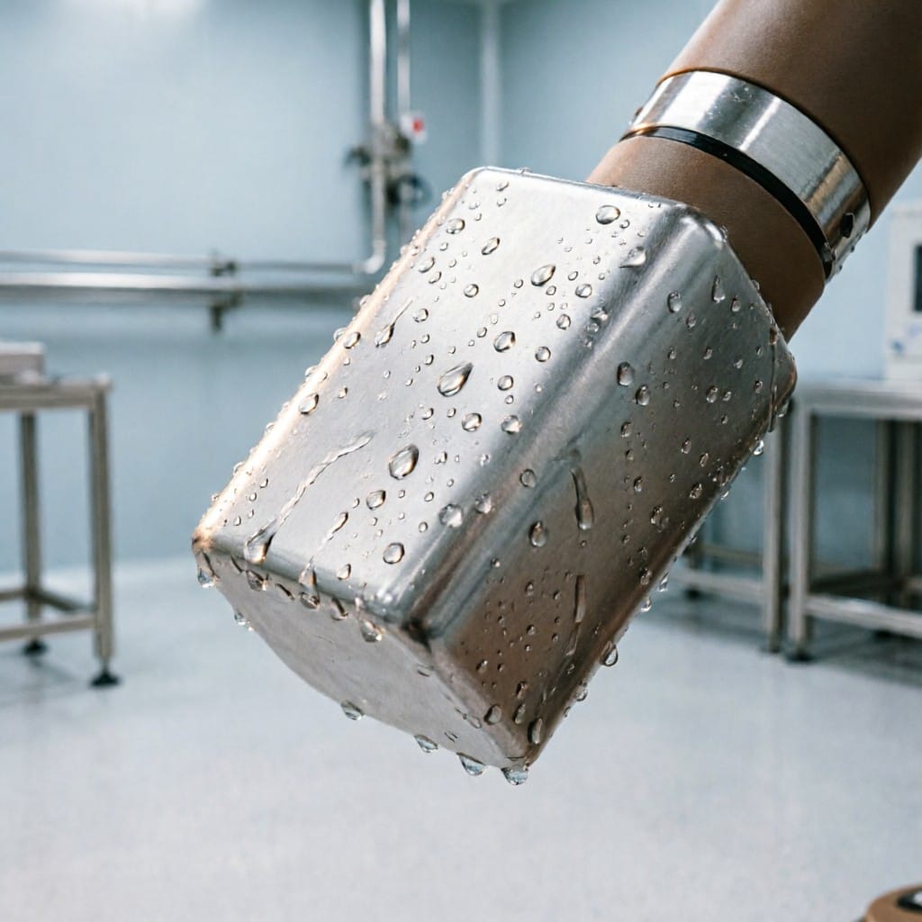 Aluminum alloy sensor housing undergoing washdown test in food processing plant