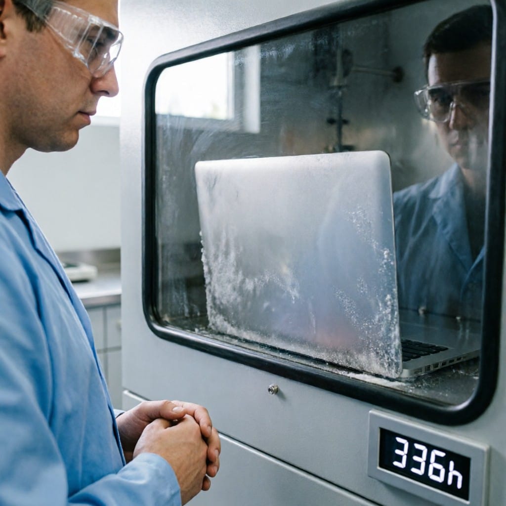 Anodized aluminum enclosure undergoing ASTM B117 salt spray test at 336-hour mark