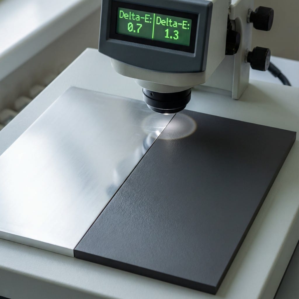 Anodized vs powder coated aluminum panels under spectrophotometer with Delta-E readouts