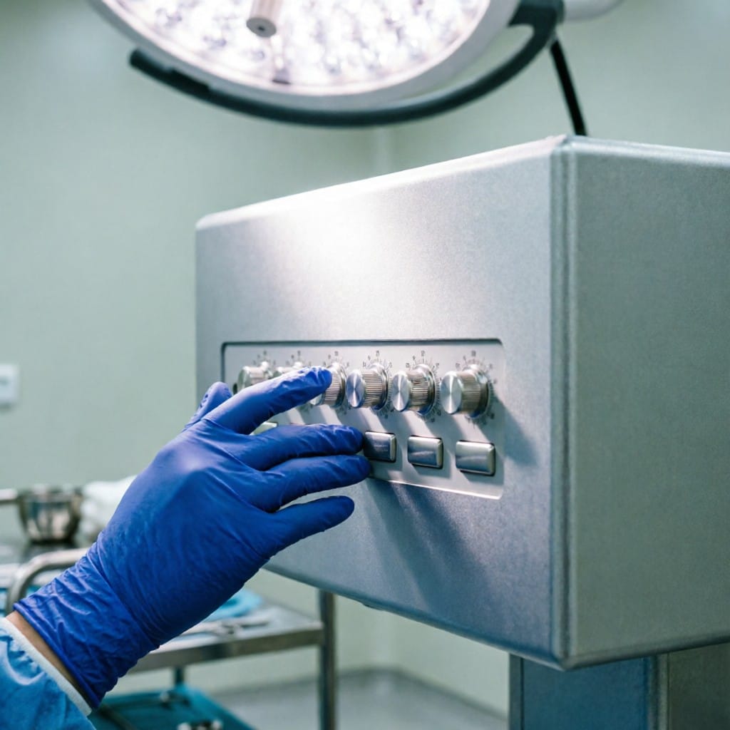 Bead-blasted aluminum medical console in use under OR lighting showing glare reduction