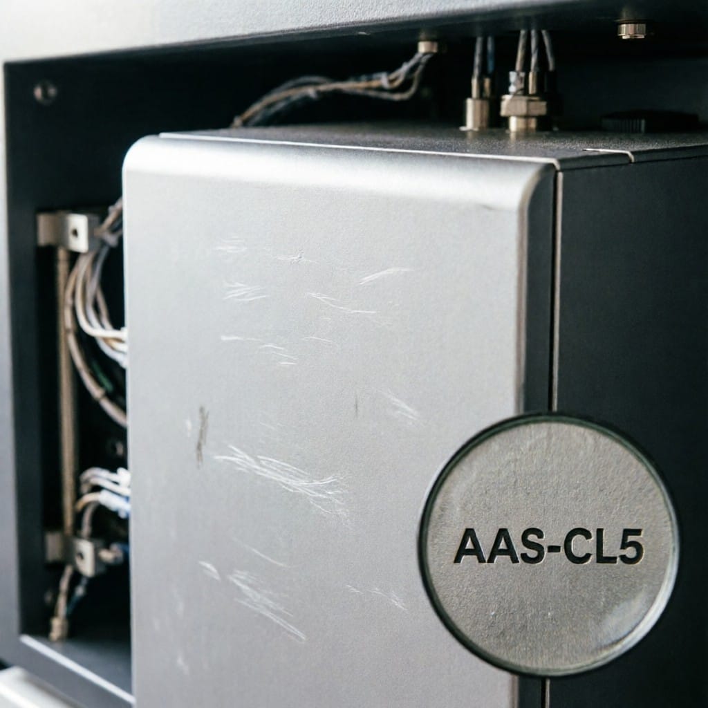 Close-up of AAS-CL5 aluminum enclosure inside GC-MS instrument showing anodized surface and traceability engraving