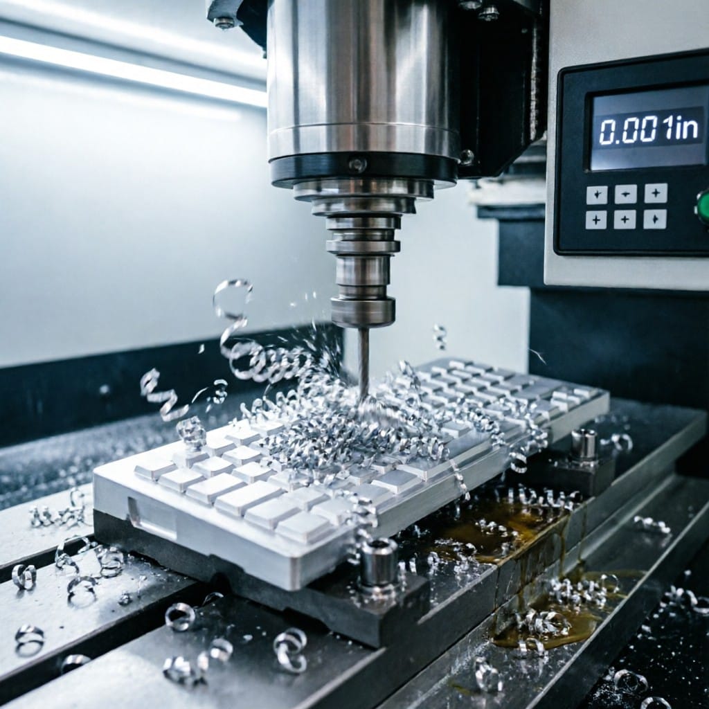 CNC machine precisely cutting aluminum keyboard housing with real-time tolerance display
