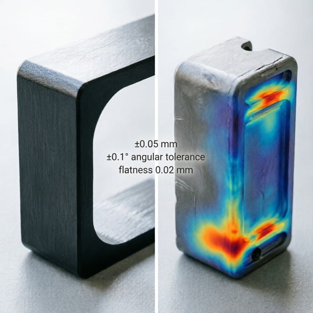 CNC vs die-cast aluminum enclosures with measurement annotations and thermal maps