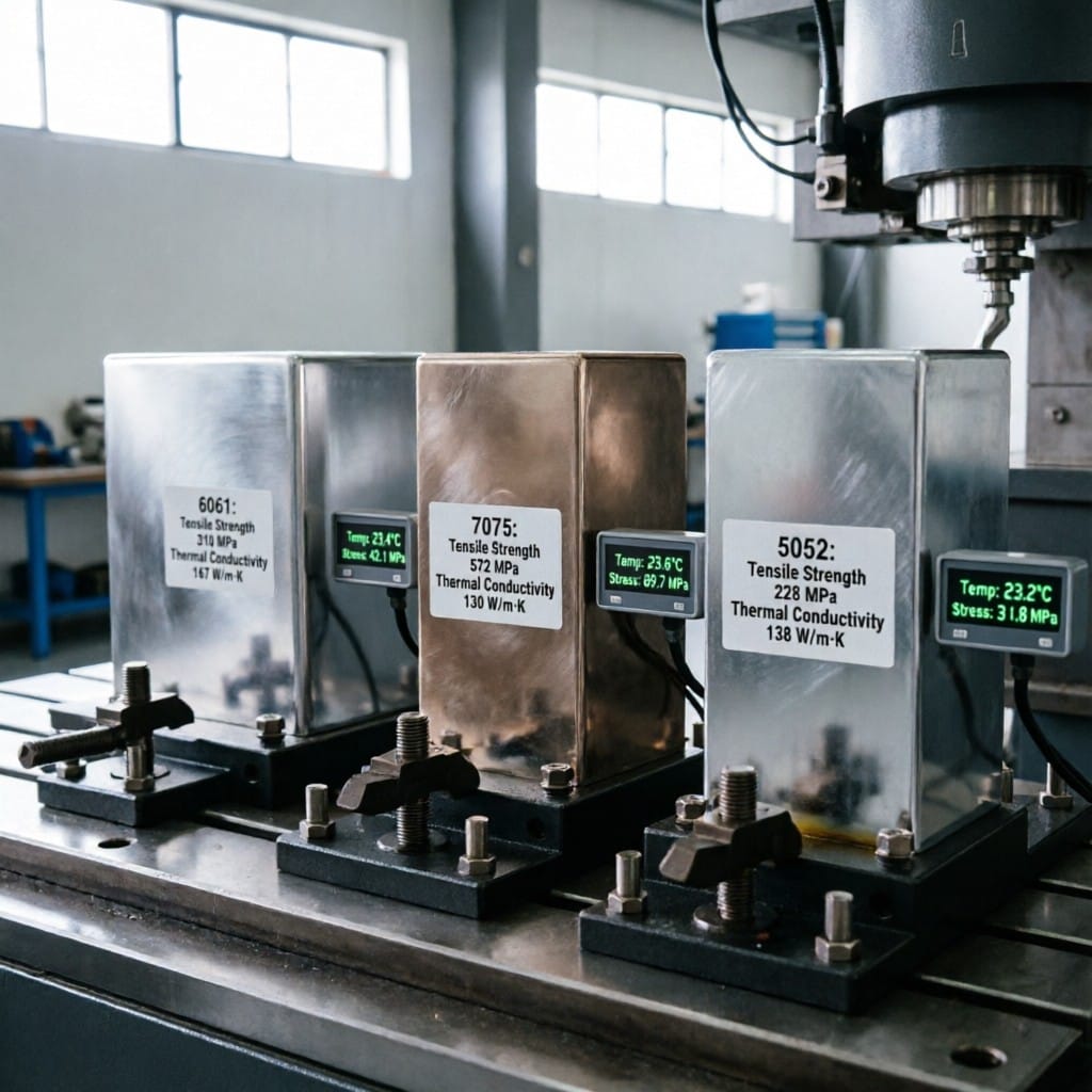 Comparison of 6061, 7075, and 5052 aluminum alloys under CNC machining with live performance metrics