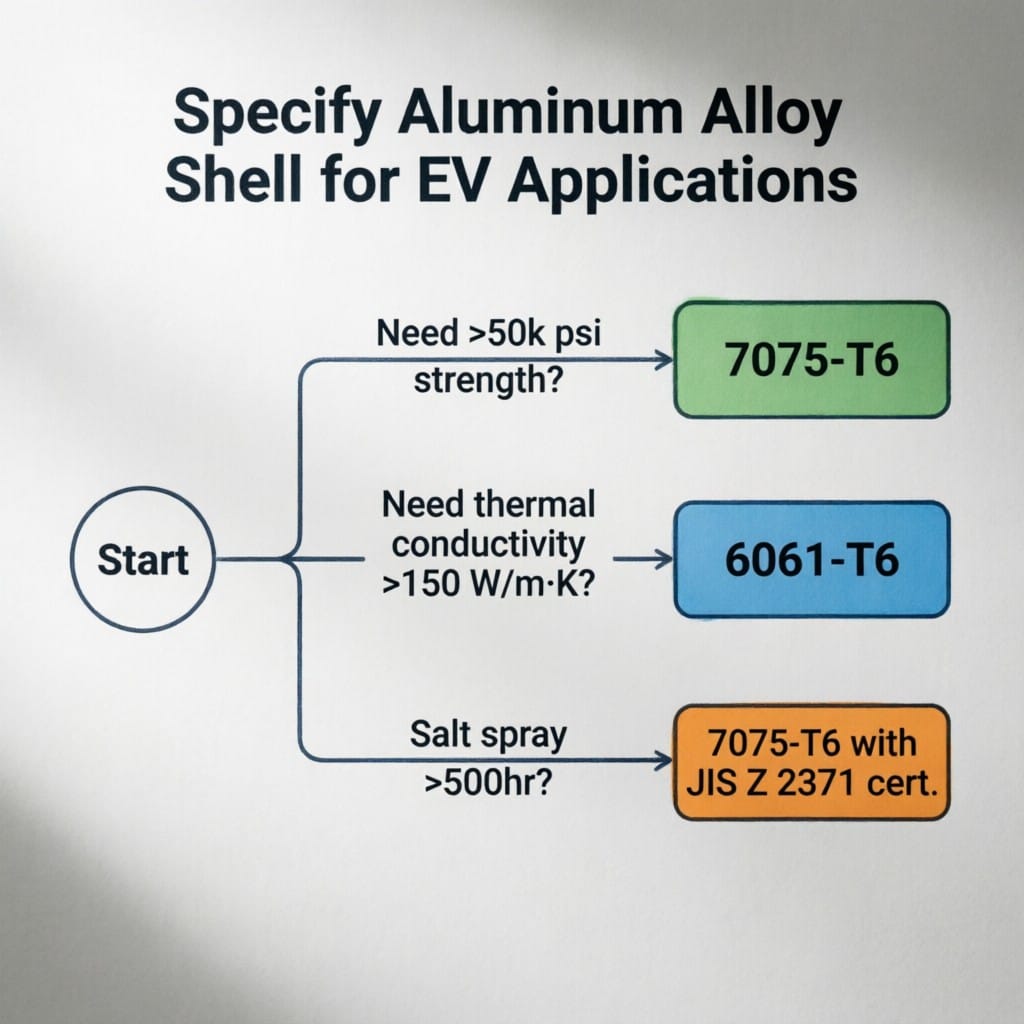 Decision tree for selecting 6061-T6 vs 7075-T6 aluminum alloy shells in EV applications
