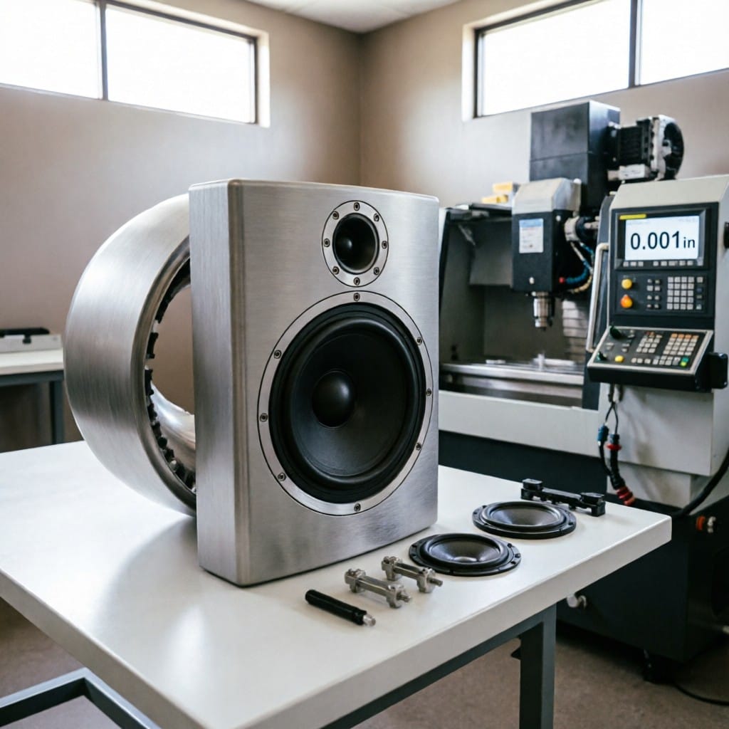 Disassembled premium speaker with CNC-machined aluminum housing components beside factory equipment
