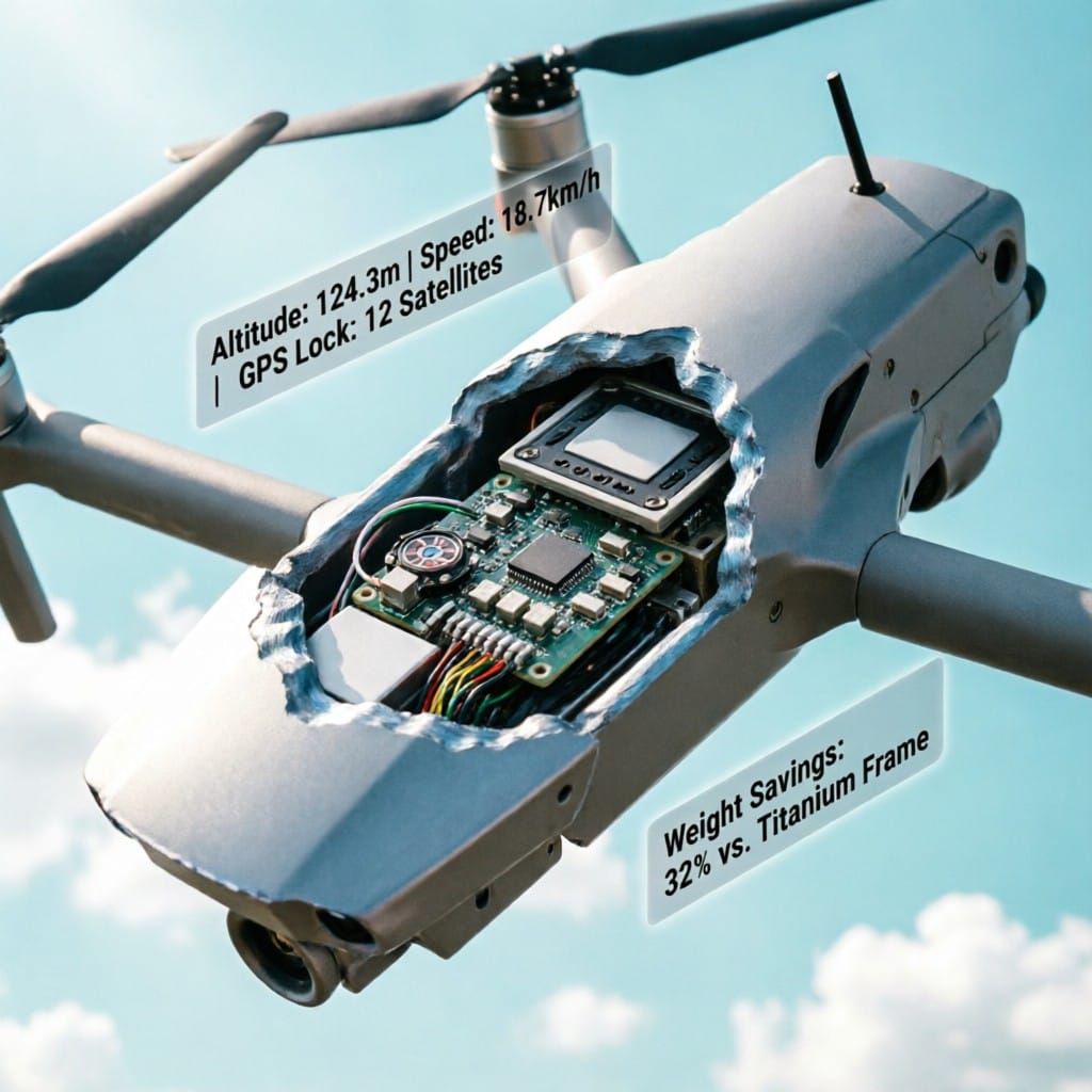Drone with cutaway showing aluminum alloy shell navigation module in flight