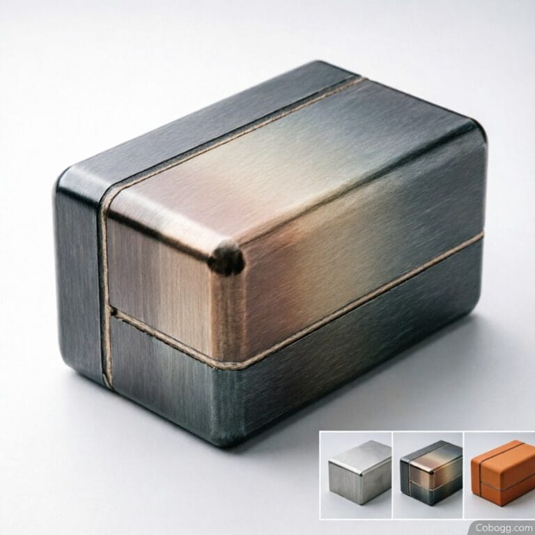 Engineers inspecting dual-tone anodized aluminum enclosure in medical device assembly