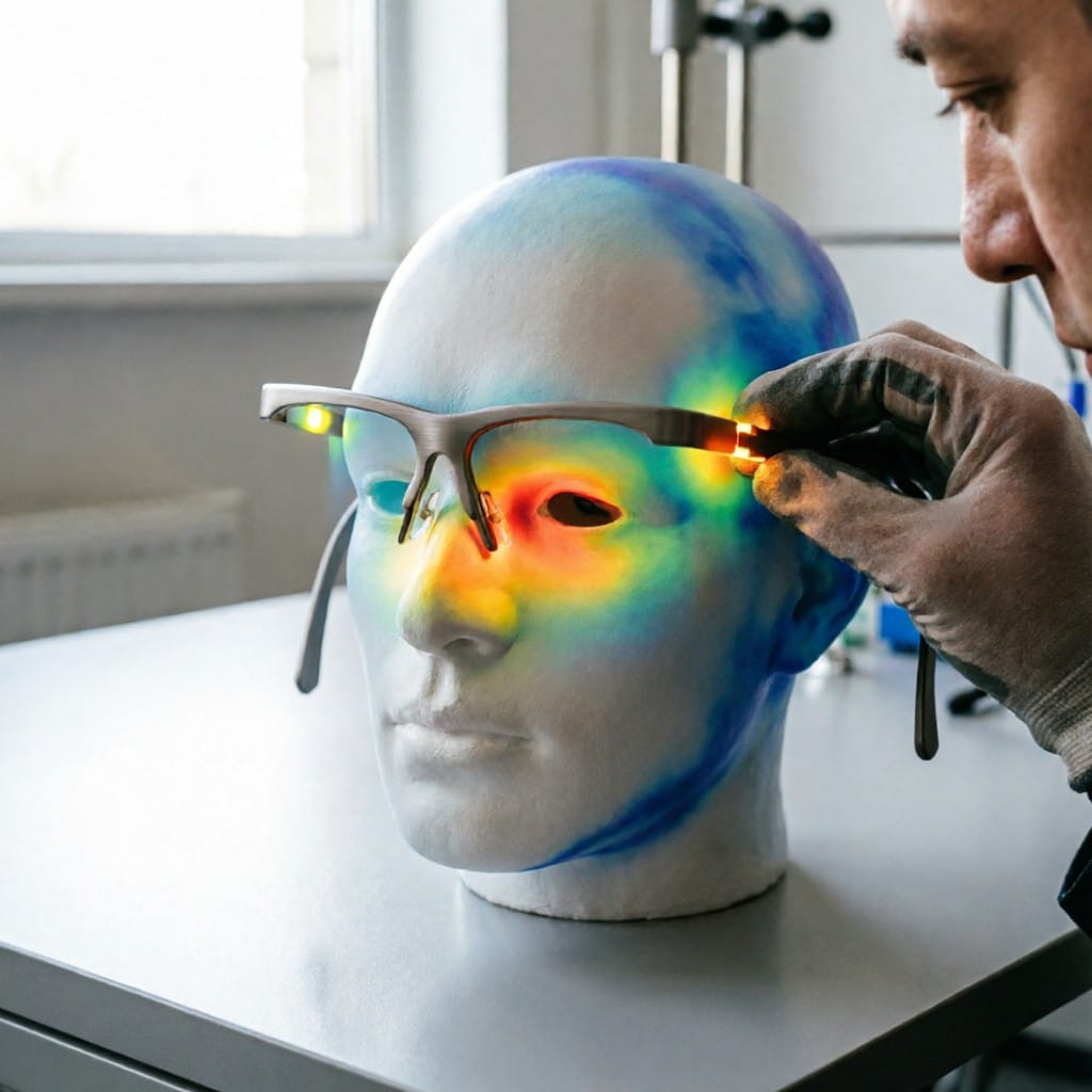 Engineer assembling AR glasses with aluminum 7075 frame showing thermal dissipation zones