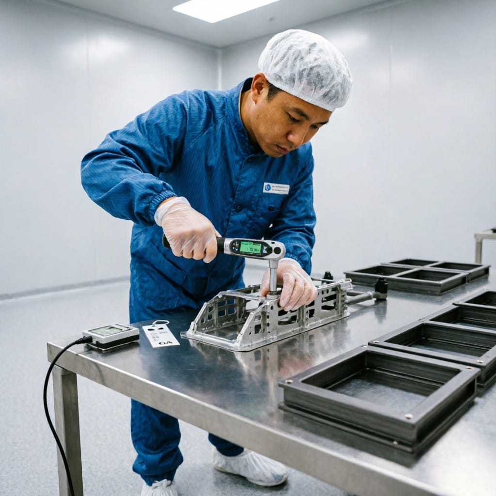Engineer assembling drone with precision aluminum frame components under QA control