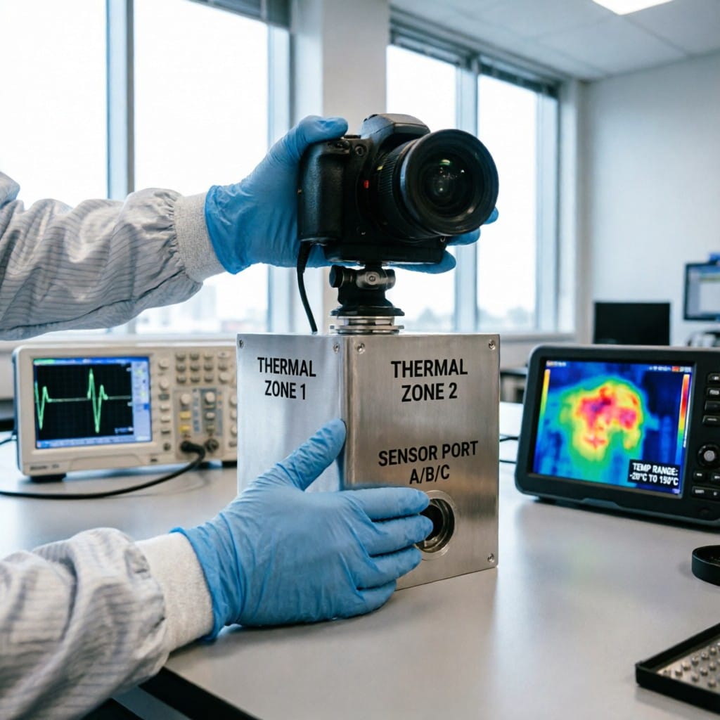 Engineer assembling high-speed camera in custom aluminum thermal enclosure
