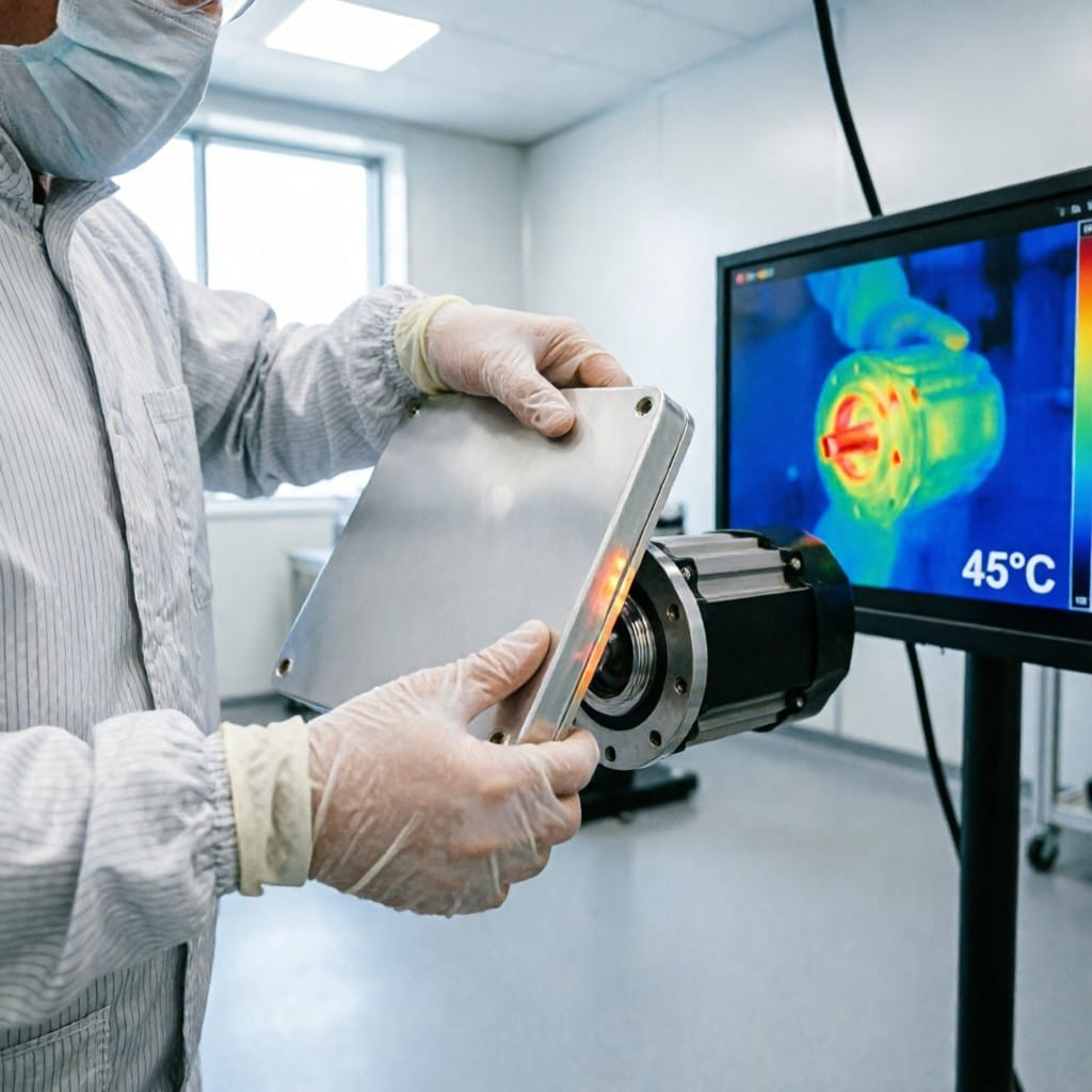Engineer installing 6061-T6 aluminum housing on robotic motor with thermal imaging display