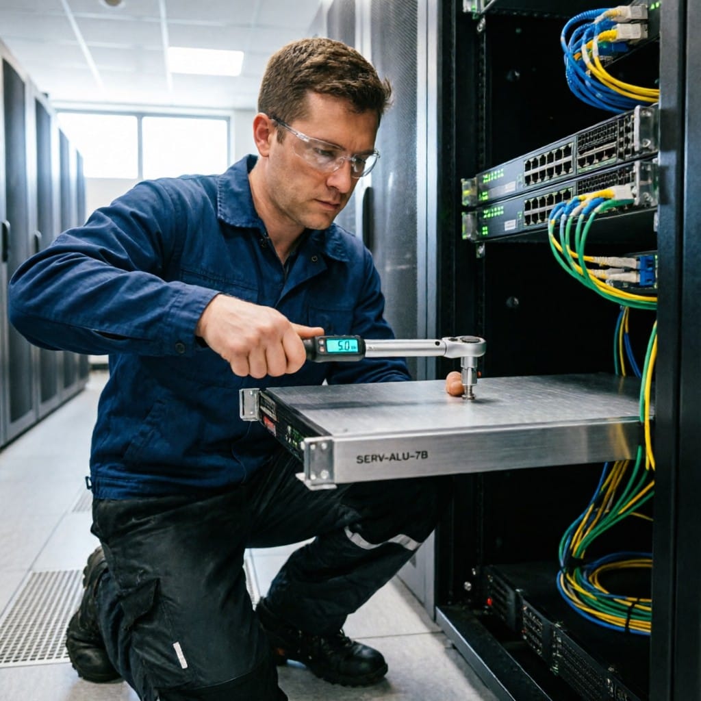 Engineer installing aluminum alloy shell server component in live data rack