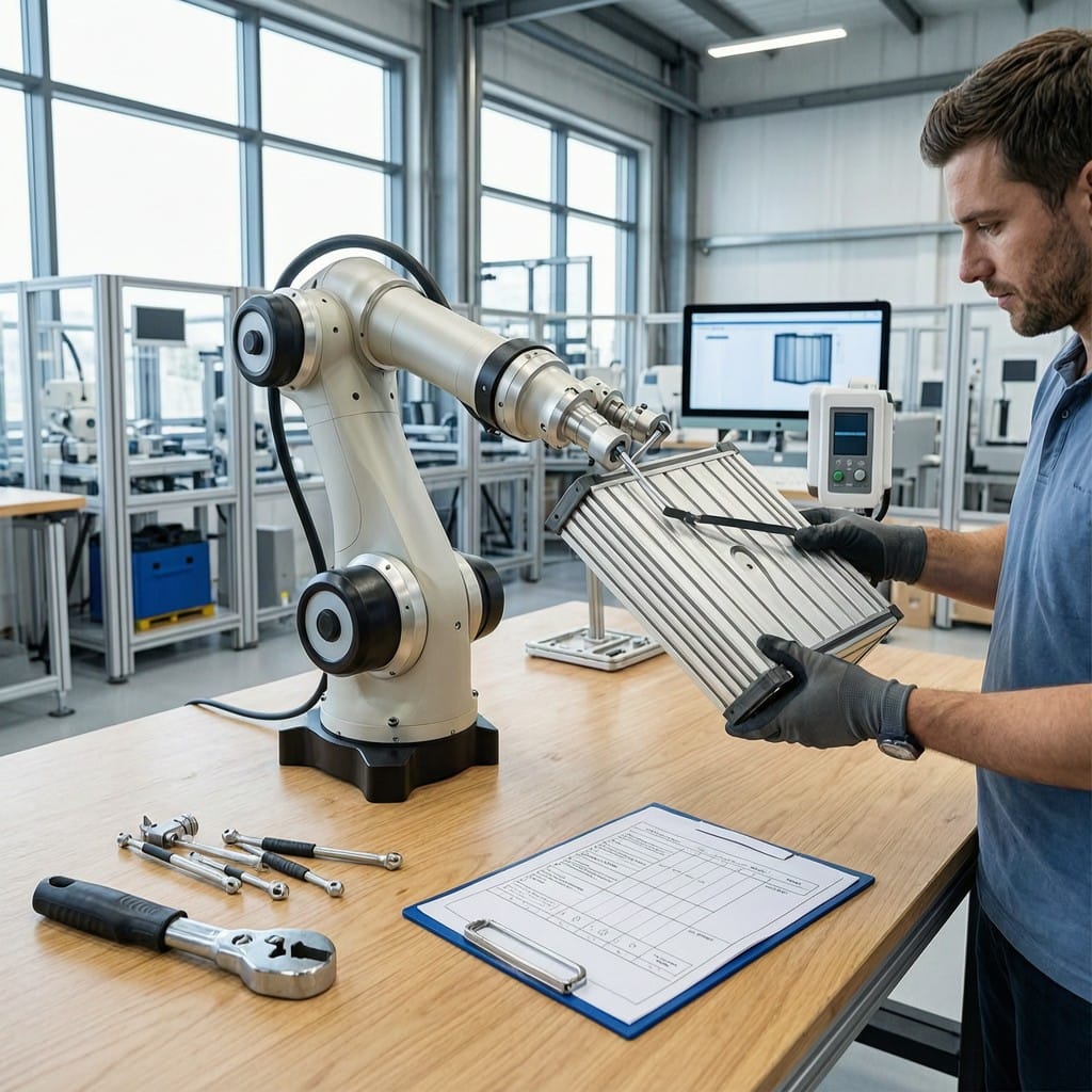 Engineer mounting hard-anodized aluminum case on robotic arm in manufacturing setting