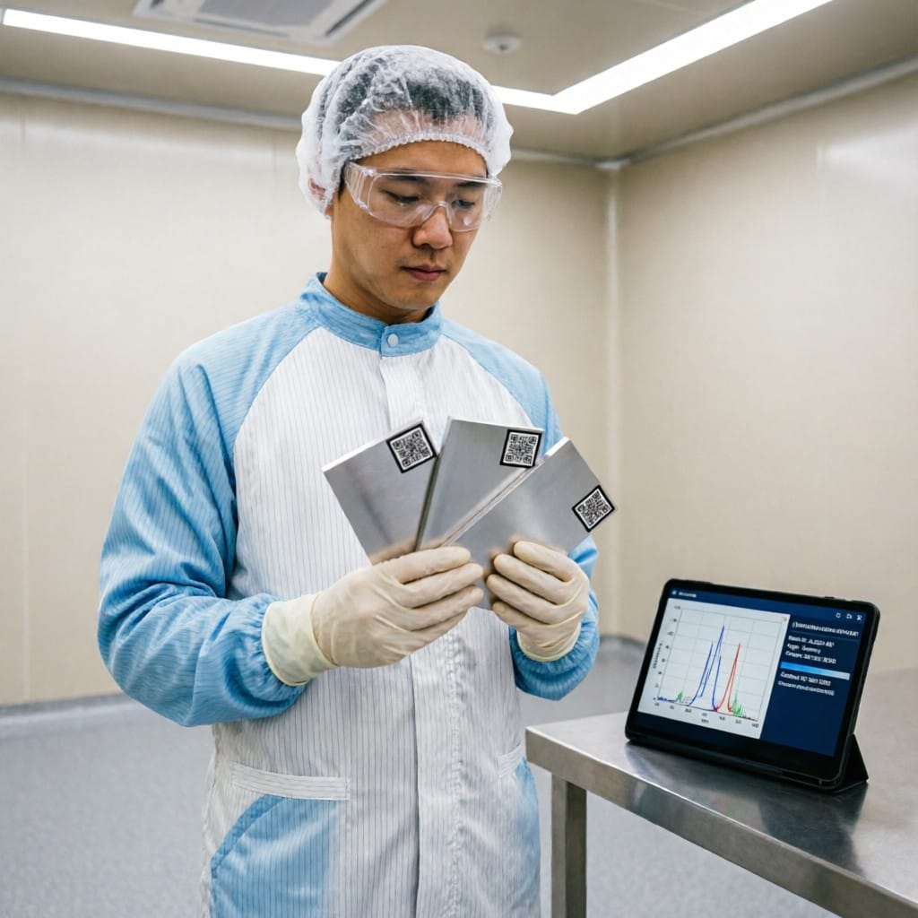 Engineer reviewing certified aluminum alloy samples with digital compliance verification