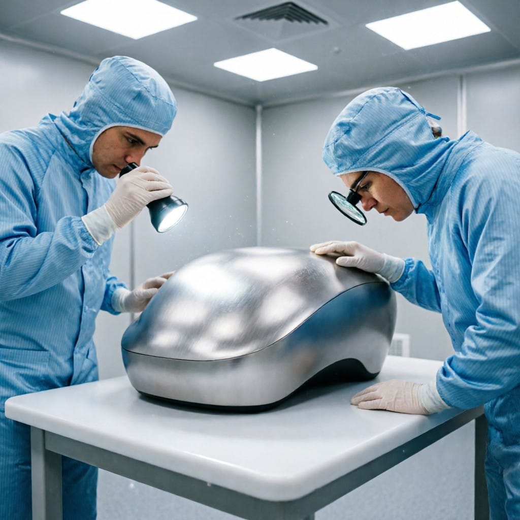 Engineers inspecting dual-tone anodized aluminum enclosure in medical device assembly
