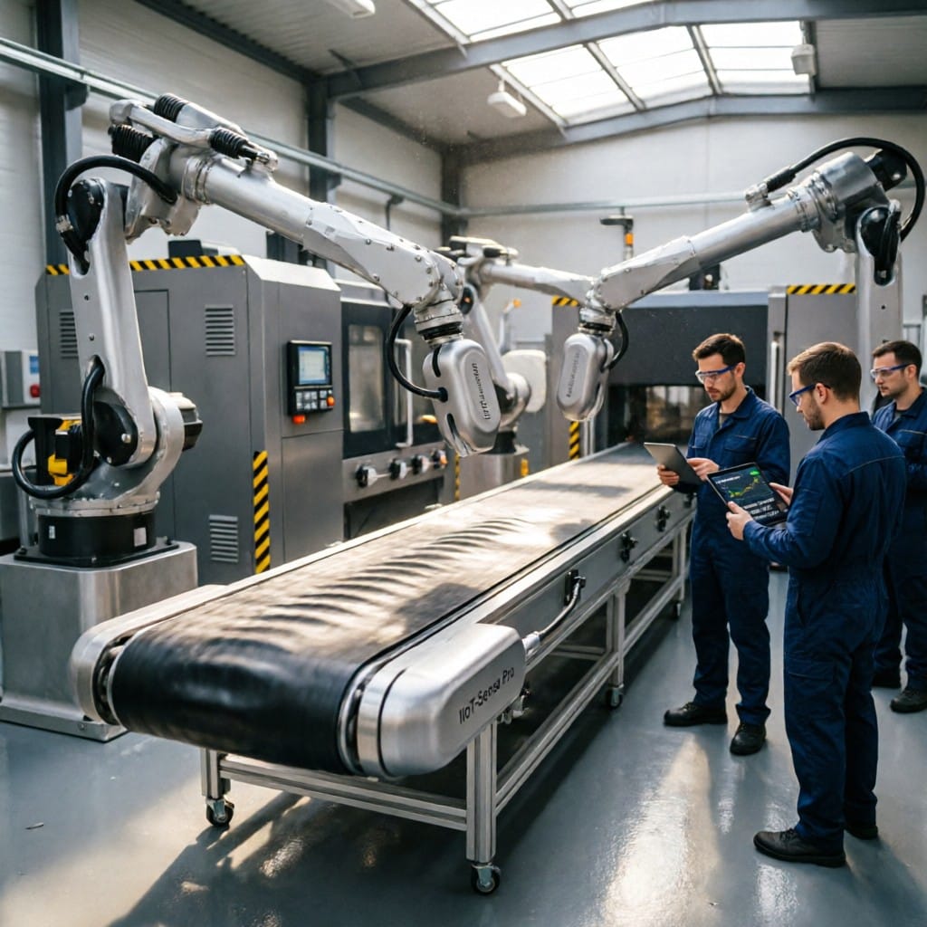 Engineers installing aluminum alloy IIoT sensor housings on automated production line
