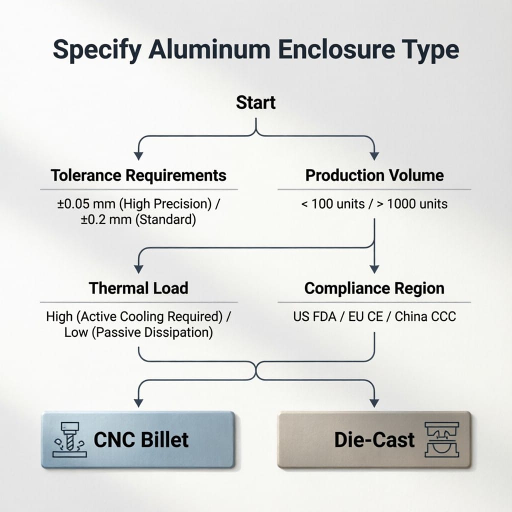 Flowchart for selecting CNC vs die-cast aluminum audio enclosures based on technical criteria