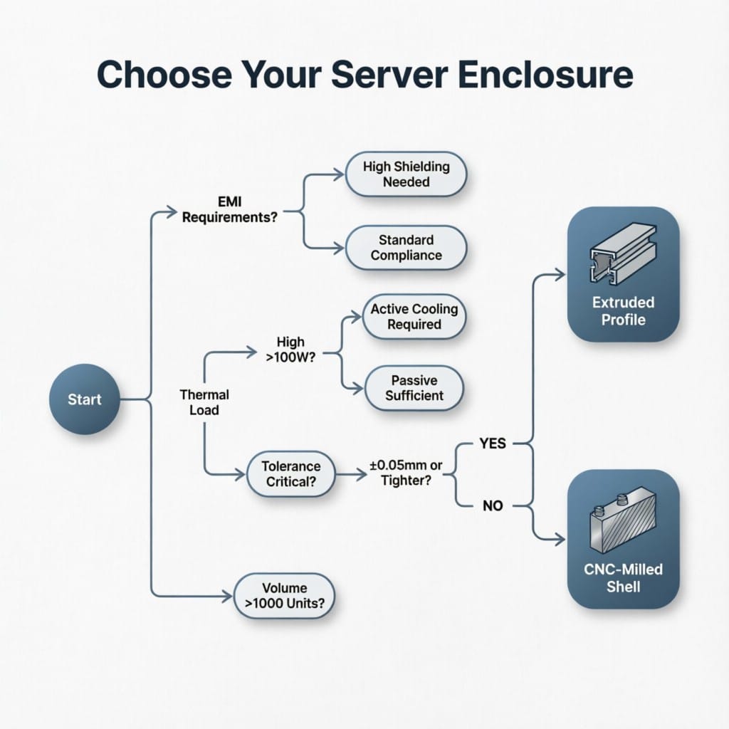 Flowchart for selecting server rack component type based on technical criteria
