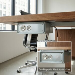 Herman Miller audio system using aluminum alloy shell’s AFP-coated amplifier housing in office setting