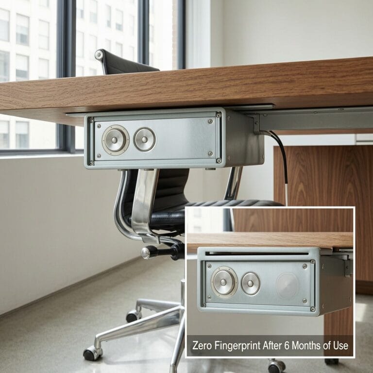 Herman Miller audio system using aluminum alloy shell’s AFP-coated amplifier housing in office setting