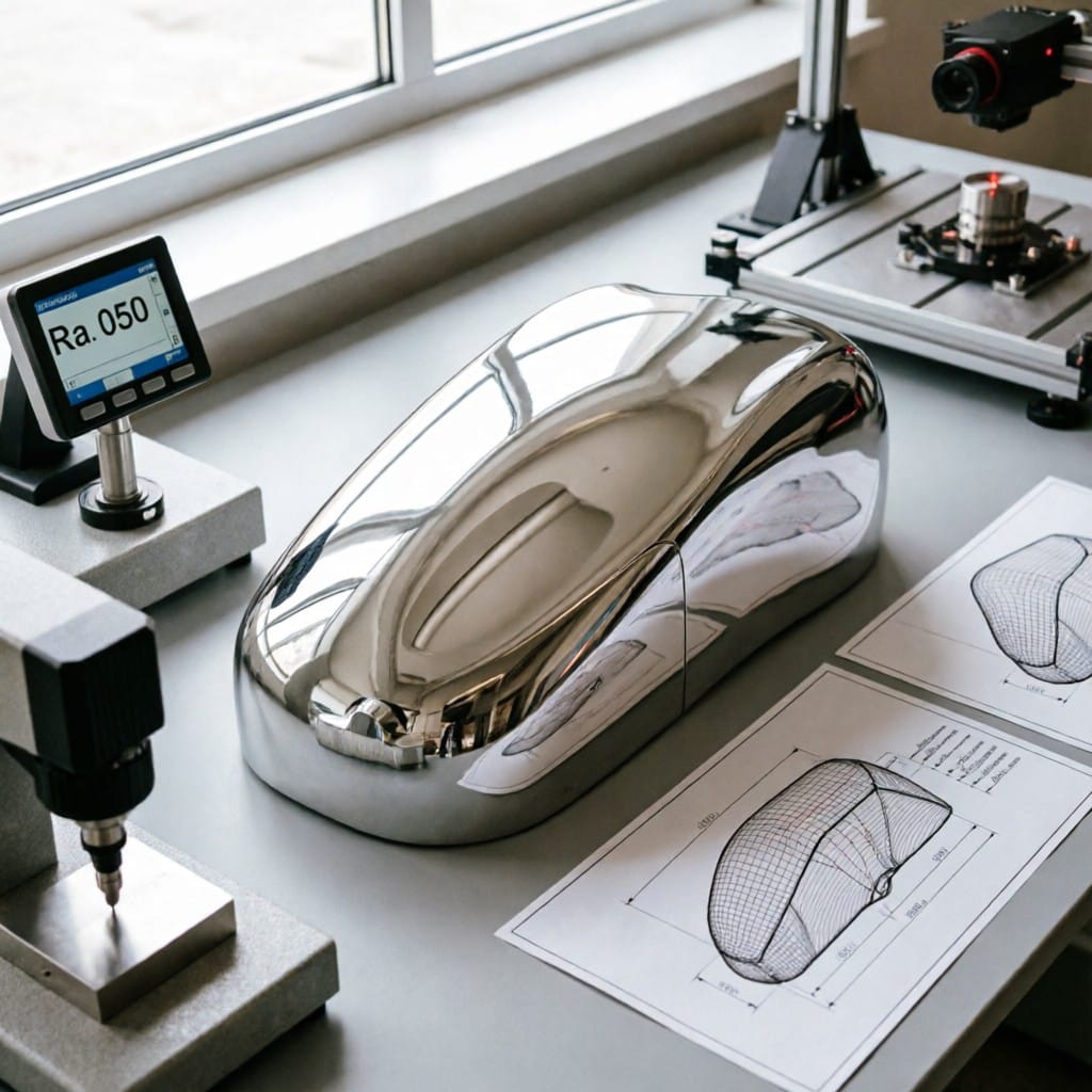 High-gloss anodized aluminum enclosure under inspection in lab setting