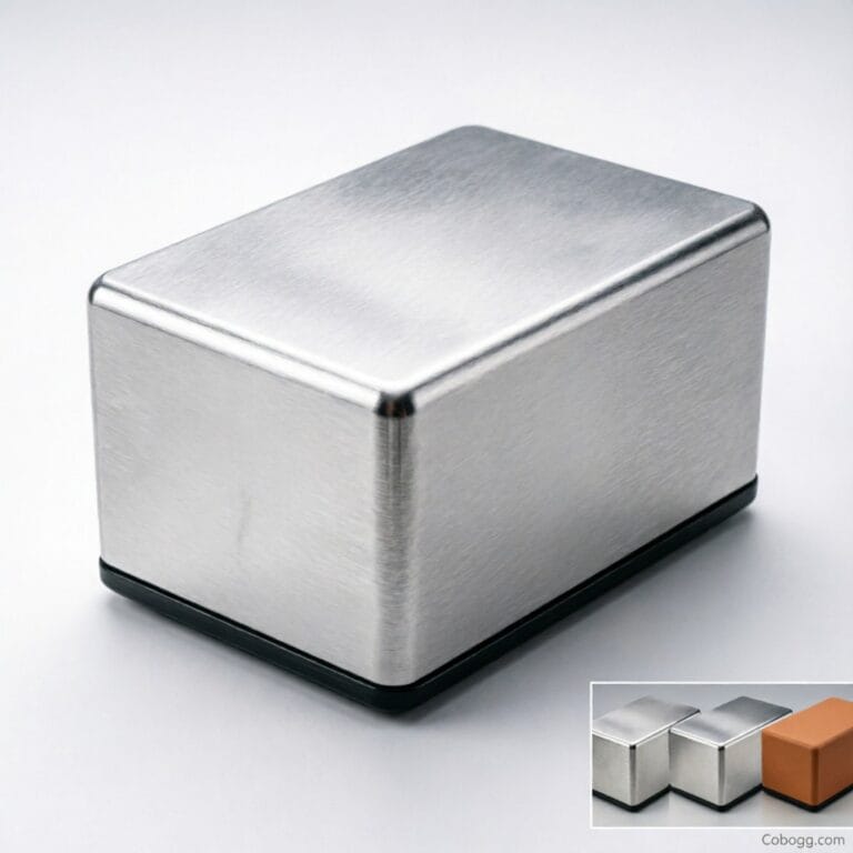 High-gloss anodized aluminum enclosure under inspection in lab setting