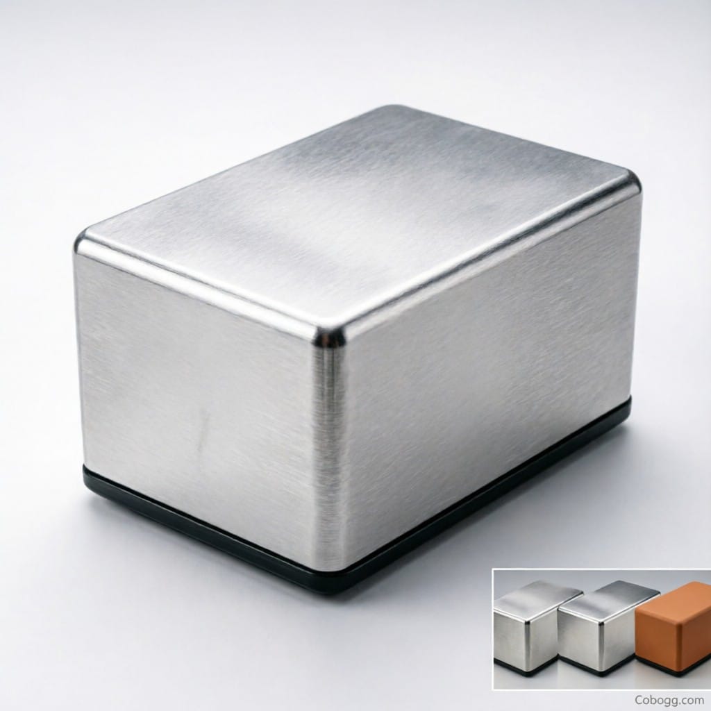 High-gloss anodized aluminum enclosure under inspection in lab setting