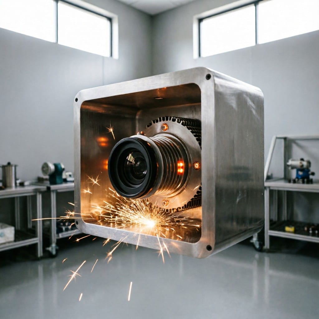 High-speed camera in aluminum enclosure capturing thermal stress during industrial testing