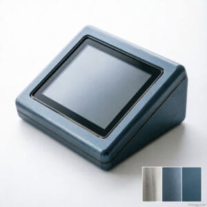Industrial HMI panel with rugged aluminum bezel in active factory environment