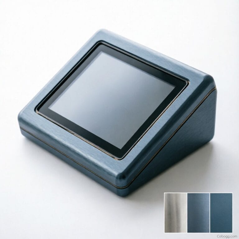 Industrial HMI panel with rugged aluminum bezel in active factory environment