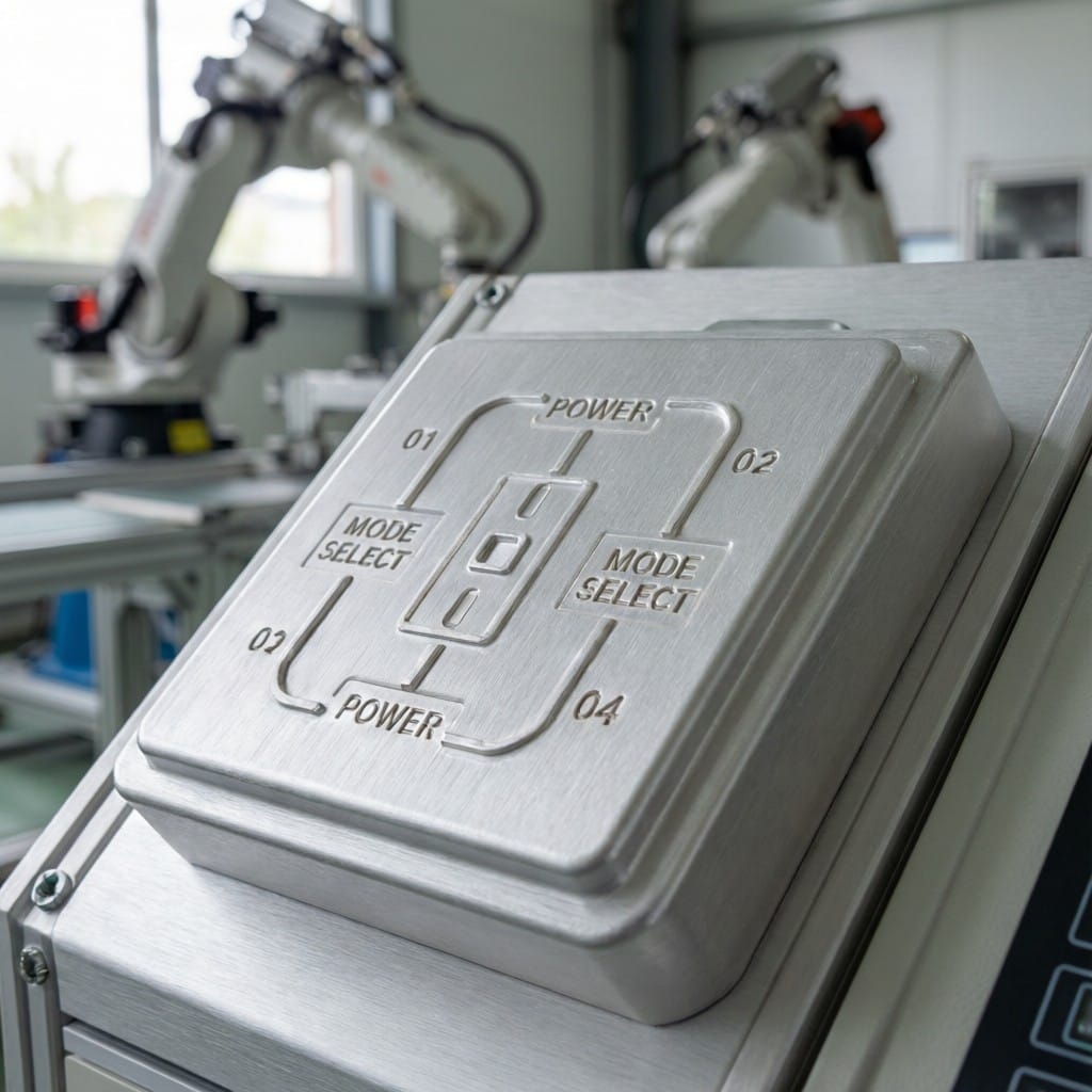 Industrial aluminum case with laser topology depth markings for tactile user interface in automated factory setting