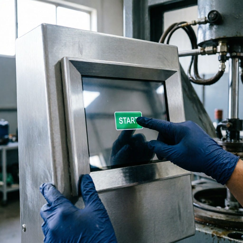 Industrial HMI panel with rugged aluminum bezel in active factory environment