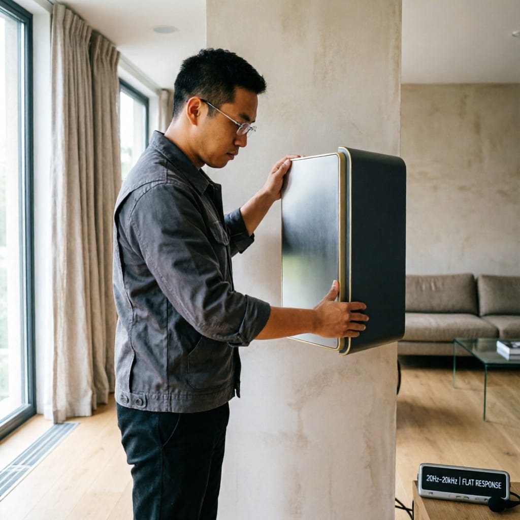 Installation of precision aluminum audio housing in residential setting with acoustic measurement device