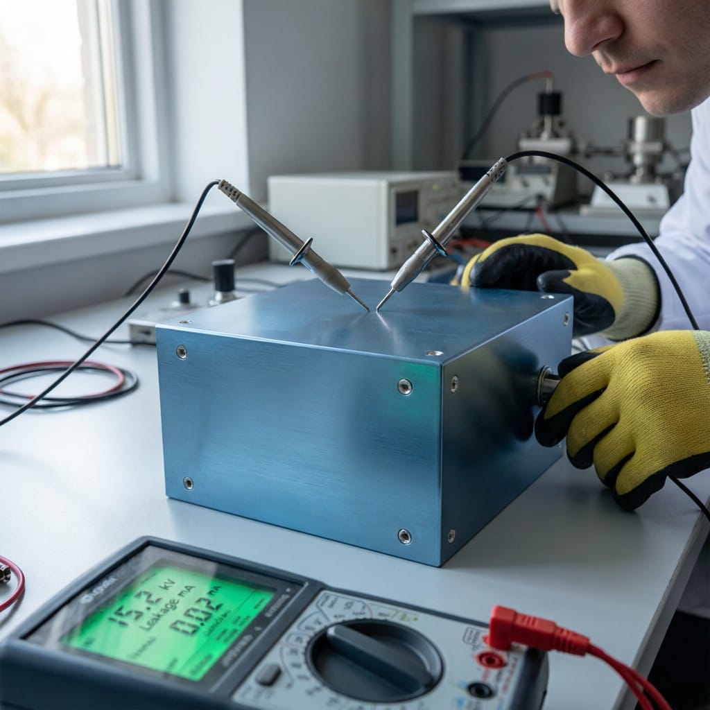 Lab technician testing dielectric strength of anodized aluminum case under controlled conditions