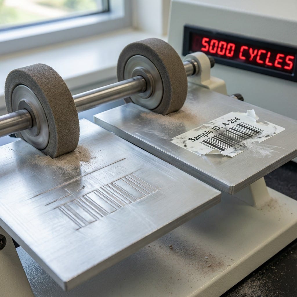 Laser etched vs adhesive label panels undergoing abrasion resistance testing in materials lab