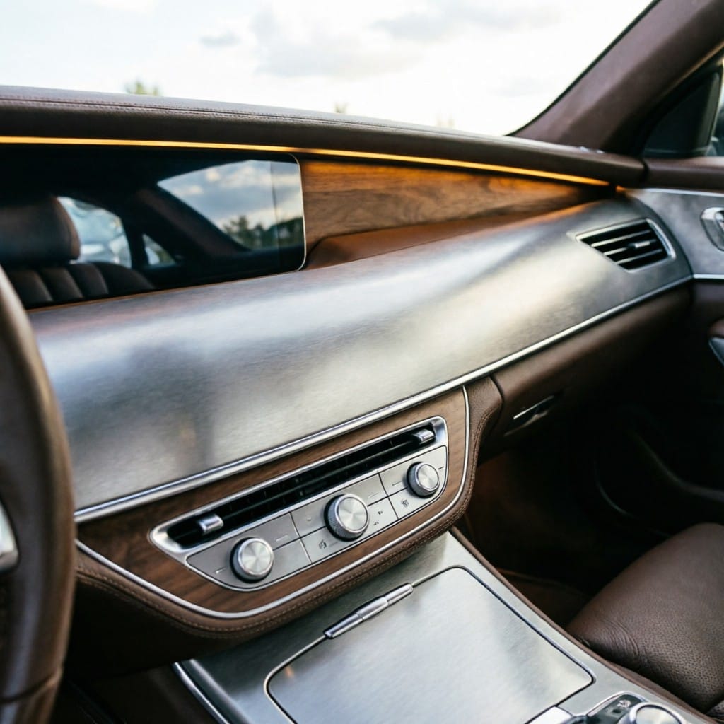 Luxury automotive interior featuring brushed aluminum trim with ambient lighting