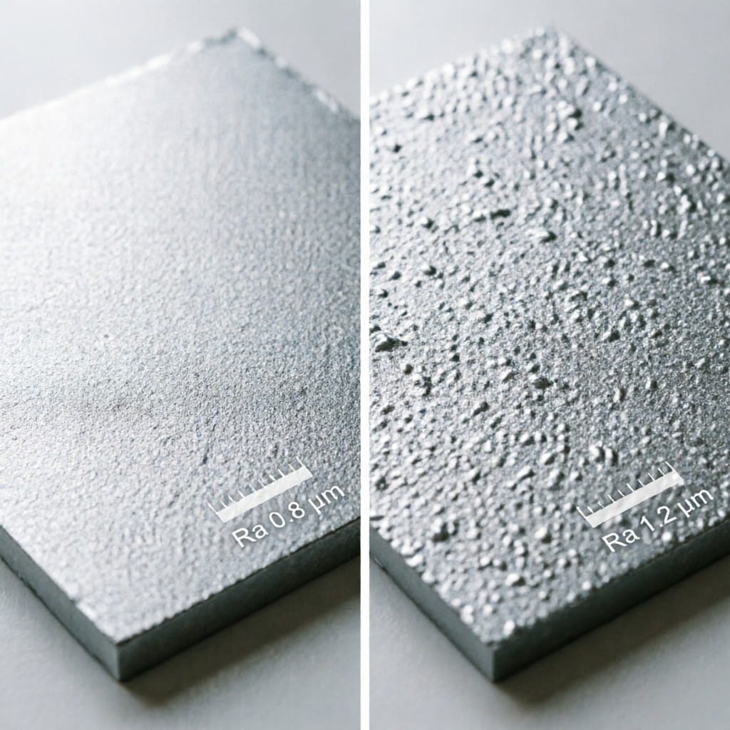 Macro comparison of bead blasted vs sand blasted aluminum textures with Ra values labeled