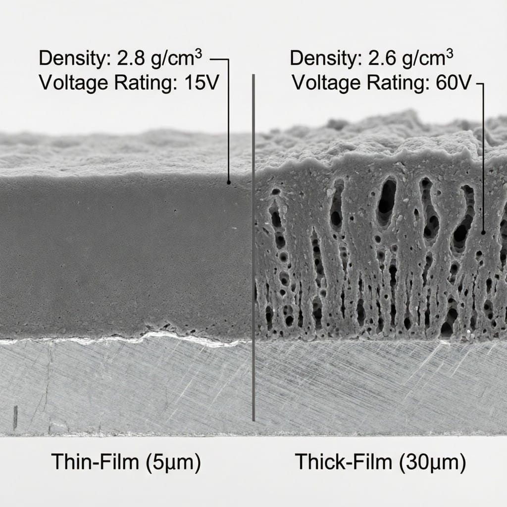 Microscopic comparison of thin vs thick anodic layers with technical annotations