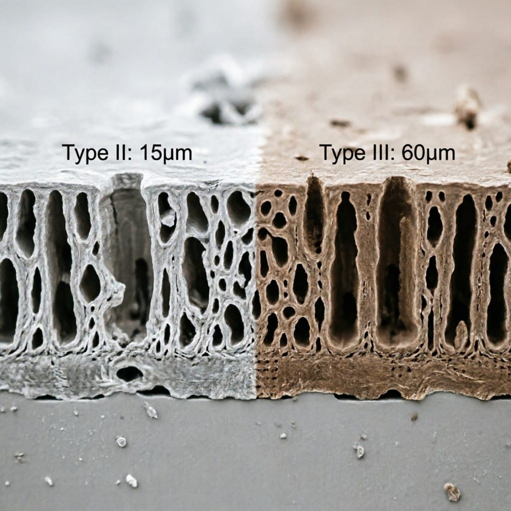 Microscopic comparison of Type II and Type III anodized aluminum coating thicknesses