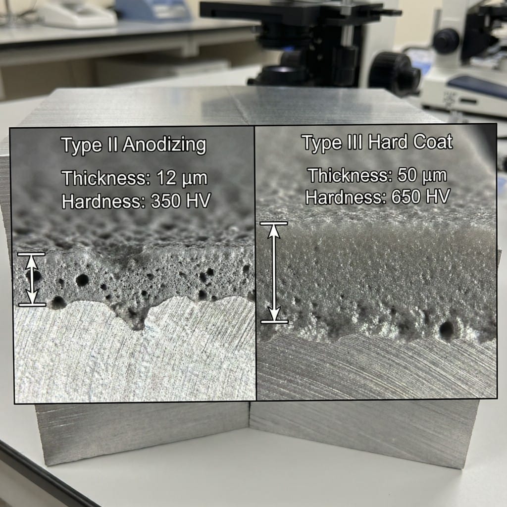 Microscopic comparison of Type II vs Type III anodized aluminum coatings with measurement annotations
