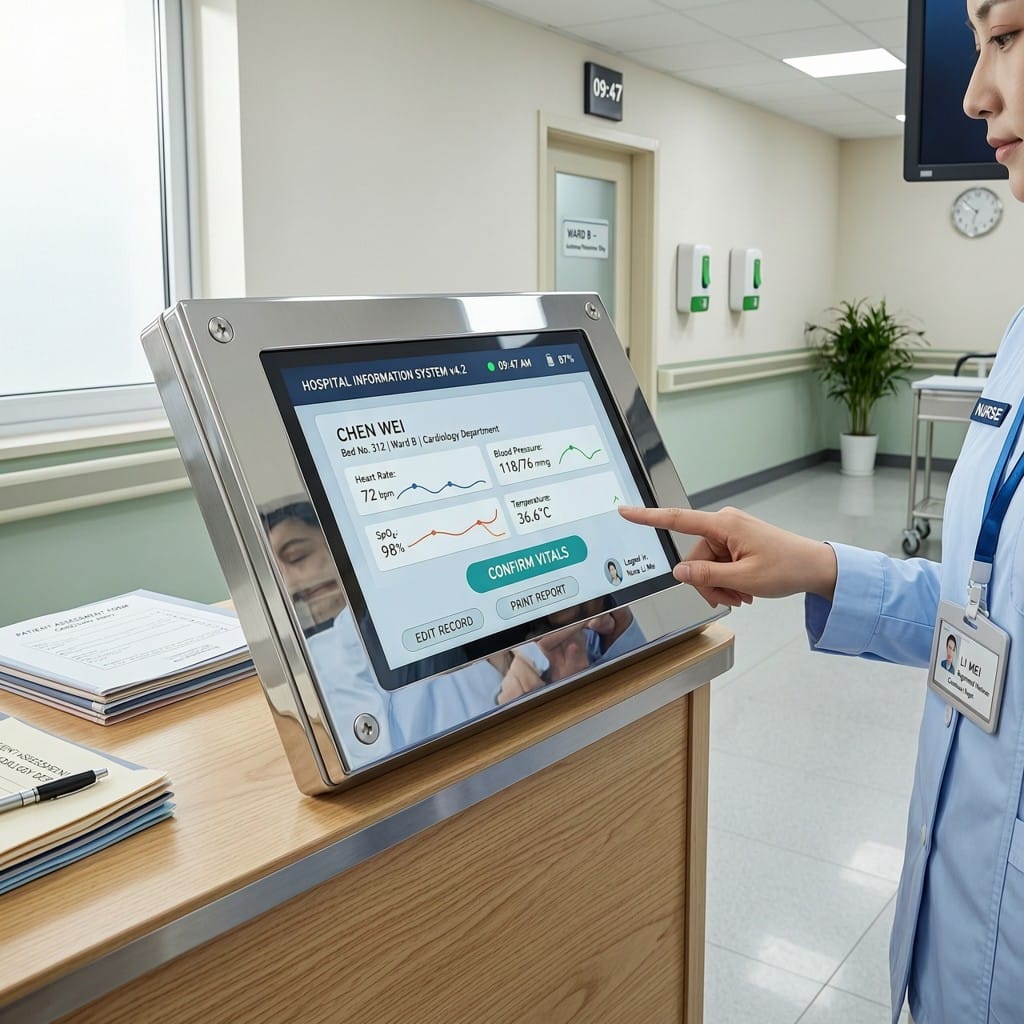 Mirror-finished aluminum alloy shell used in medical HMI touchscreen interface