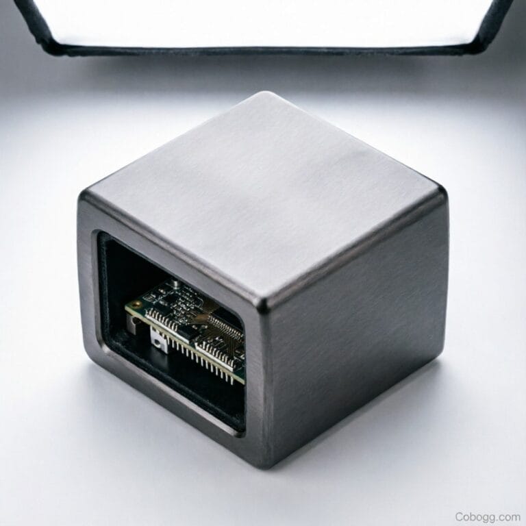 Disassembled premium speaker with CNC-machined aluminum housing components beside factory equipment