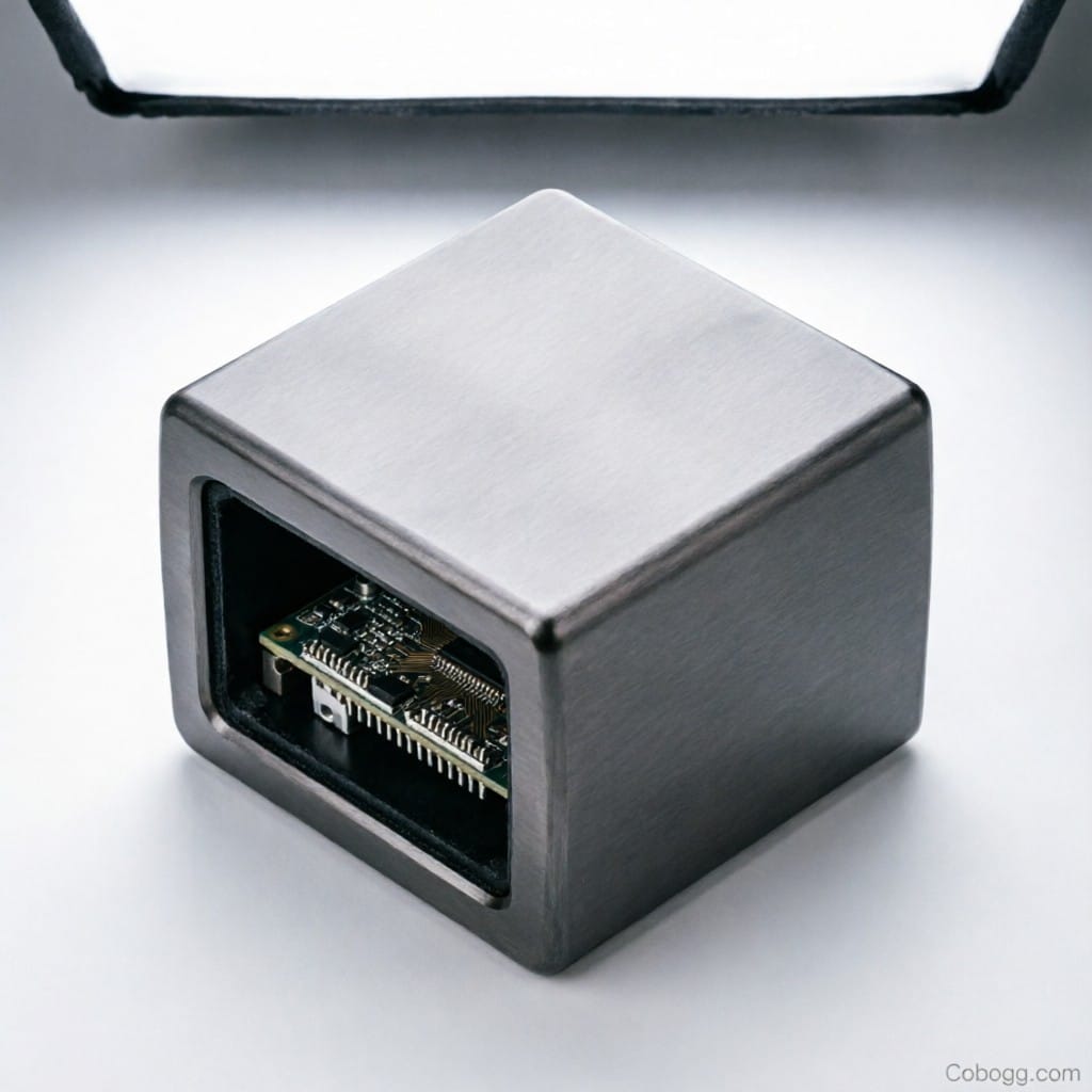 Disassembled premium speaker with CNC-machined aluminum housing components beside factory equipment