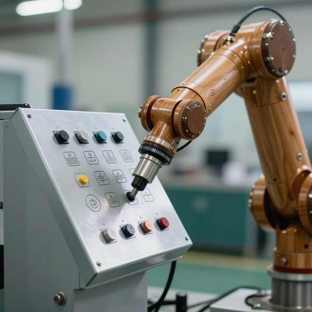 Robotic arm operating laser-marked aluminum control panel in humid manufacturing facility